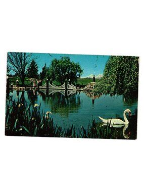 Vintage 1961 Peterson Rock Gardens Redmond Oregon Postcard Swan Pond Reflection